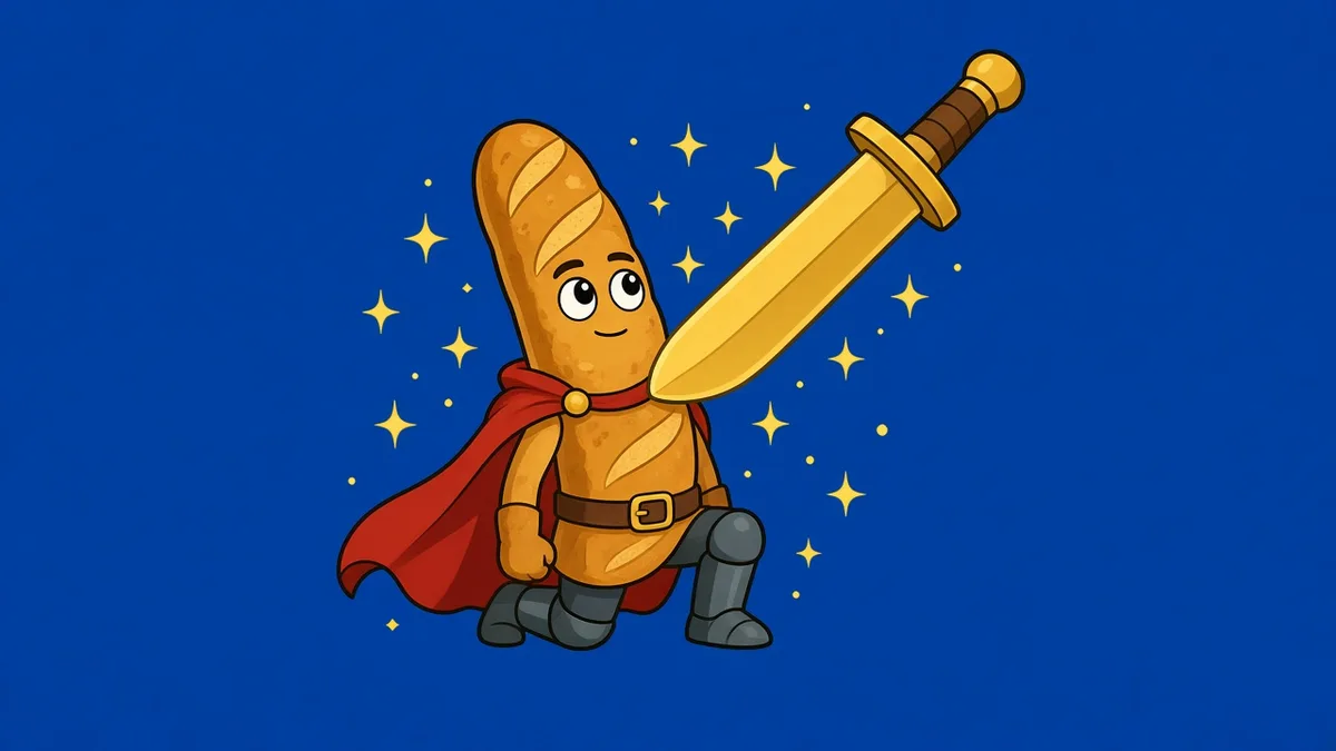 Sir Baguette kneeling to be knighted with a golden sword