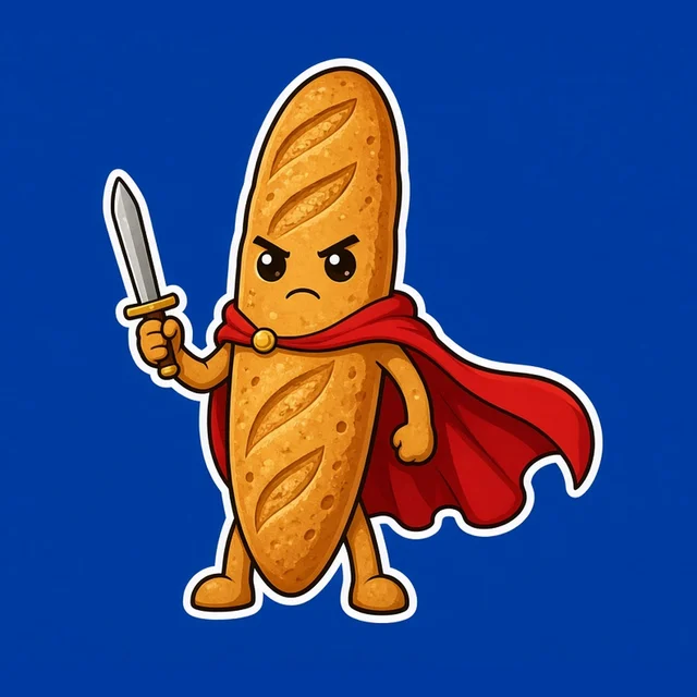 Sir Baguette, a brave baguette in a red cape holding a little sword